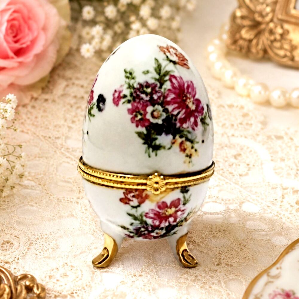Vintage Imperial Treasures Hand Painted Porcelain Floral Egg Trinket Box
